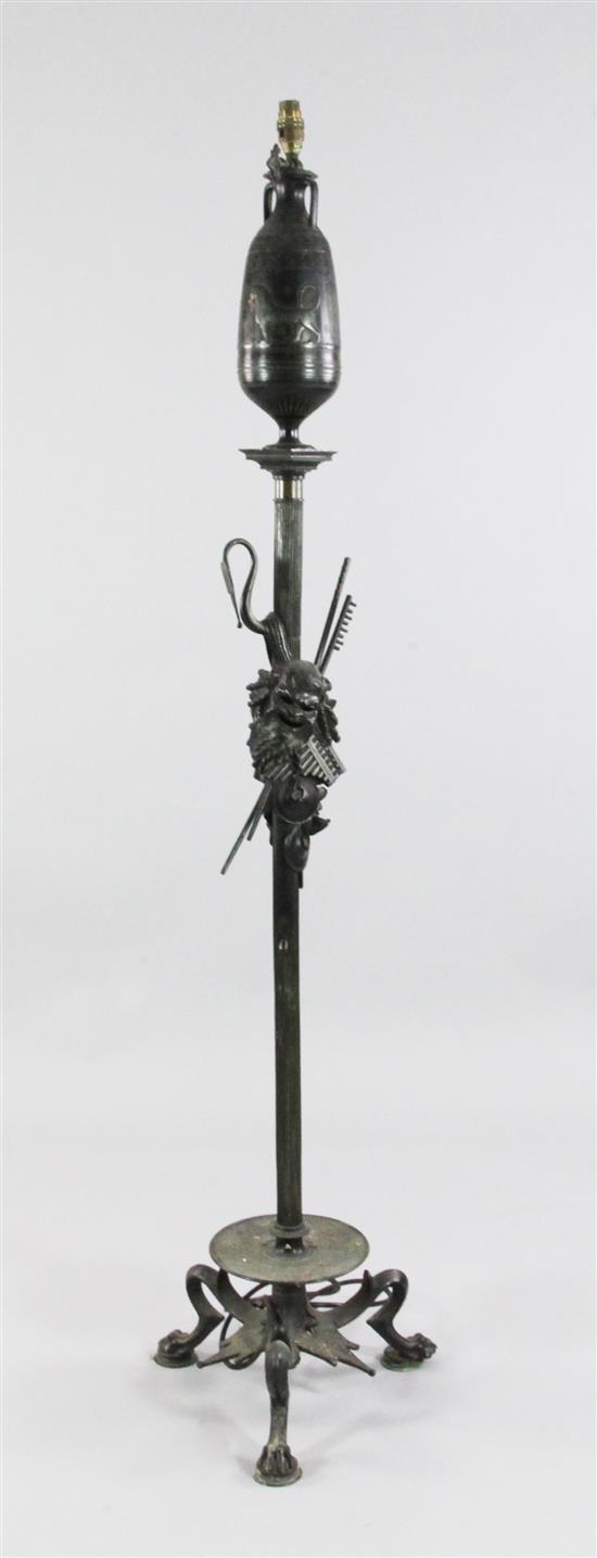 A late 19th / early 20th century neo-classical French patinated bronze standard lamp, in the manner of Barbedienne(-)